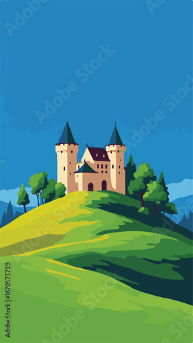 Medieval castle on green hilltop