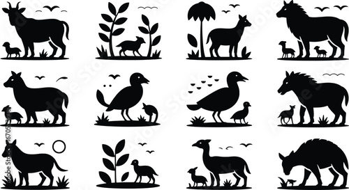 Farm animals and birds silhouettes collection with nature elements
