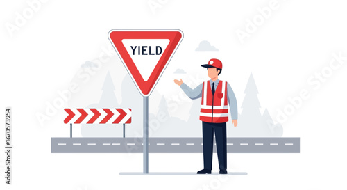 Traffic Controller Demonstrating Safety Protocol Near Yield Sign On The Street