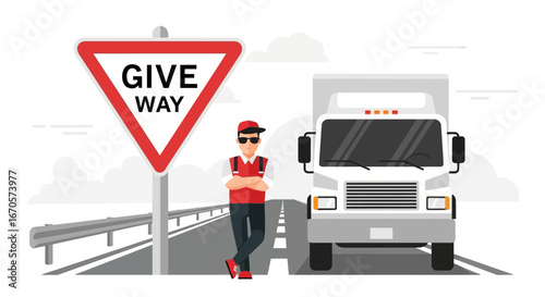 Truck Driver Standing Beside Give Way Sign On The Roadside