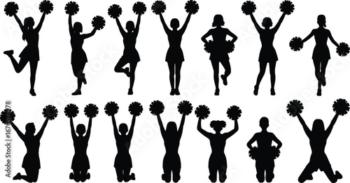 Silhouette of cheerleaders with pom poms in dynamic poses