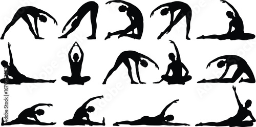 Silhouettes of people performing various yoga poses and stretches