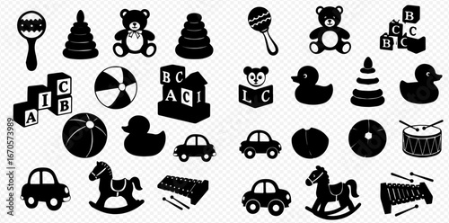 Collection of various black silhouette toys including a teddy bear, rocking horse, ball, blocks, cars, and musical instruments.