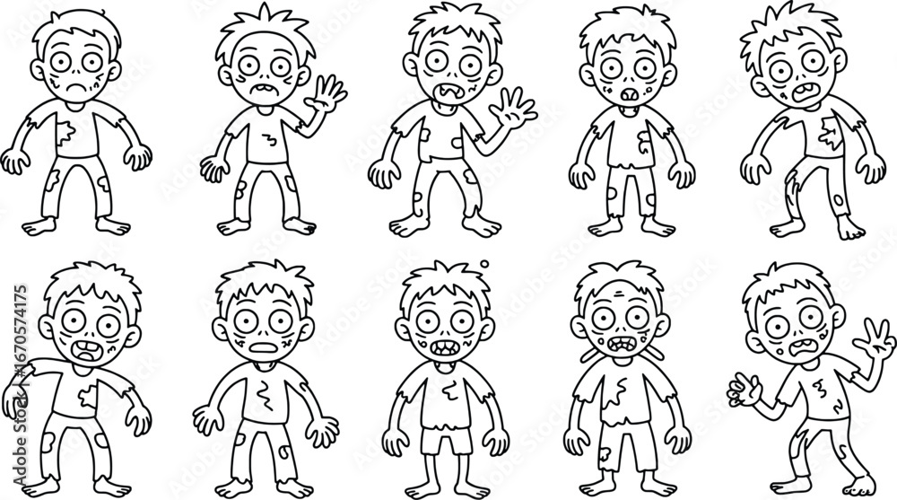 Collection of cartoon zombie characters in different poses and expressions Collection of cartoon zombie characters in different poses and expressions