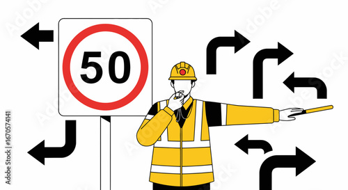 Traffic Controller Managing Flow And Speed Direction On Road Construction Site