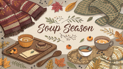 Abstract pattern of cozy kitchen textiles and ceramic dishware for soup season with copy space