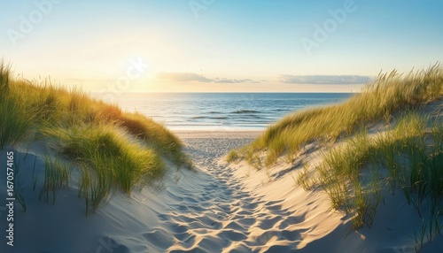 Fototapeta Naklejka Na Ścianę i Meble -  Scenic Path Along The Baltic Sea Over Sand Dunes Offering Ocean Views On A Beautiful Summer Evening