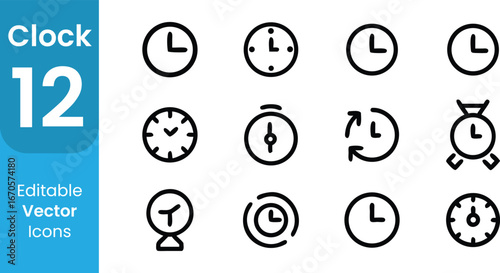 Collection of twelve simple line art icons representing different types of clocks and timekeeping devices