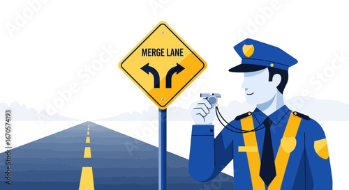 Traffic Cop Supervising A Road Merge And Controlling The Flow Of Vehicles