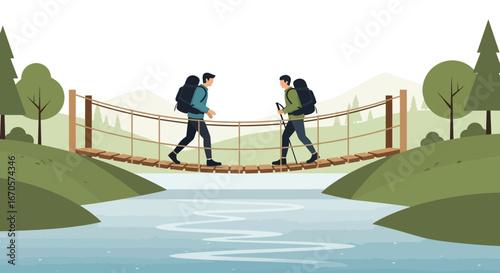 Two backpackers traversing a rope bridge in a serene natural landscape scenery vector