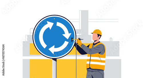Traffic Engineer Working On Roundabout Sign Installation For Road Safety