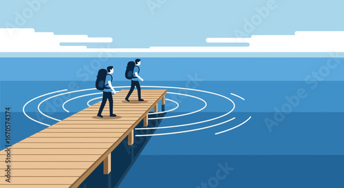 Two backpackers walk on a wooden pier towards the horizon symbolizing travel and adventure