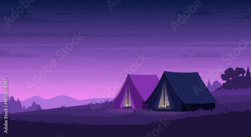 Two Camping Tents Under Nightfall With Silhouette Landscape Illustration
