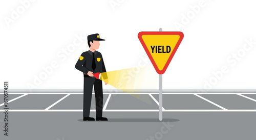 Traffic Marshall Directing Vehicles Near Yield Sign With Safety Wand Illustration
