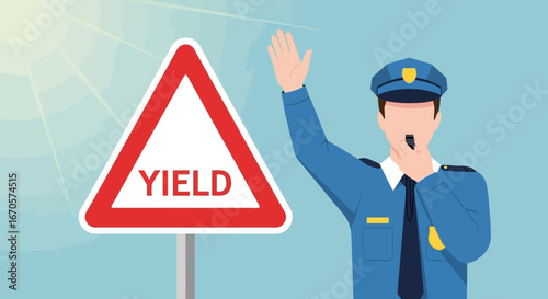 Traffic Management Scene Featuring a Policeman and a Yield Sign Illustration