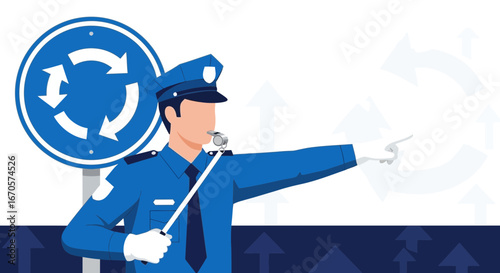Traffic Officer Directing Vehicles At Roundabout Ensures Safe Circulation System