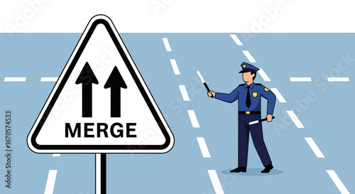 Traffic Officer Directing Vehicles to Merge Road Construction Ahead