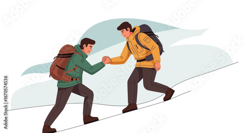 Two Friends Helping Each Other Climbing Up A Mountain During A Hike Trip