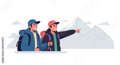 Two Friends Hike And Explore The Mountain Landscapes On A Day Trip