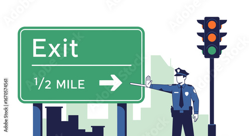 Traffic Officer Halting Cars Near Exit Sign On Highway Overpass With Traffic Lights