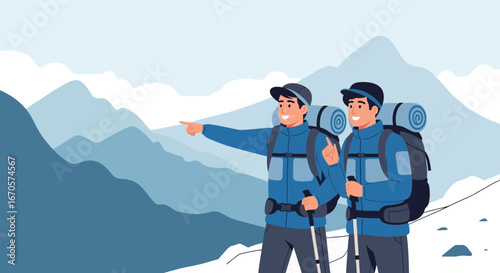 Two Friends Hiking In Mountains Enjoying Adventure And Exploration Together