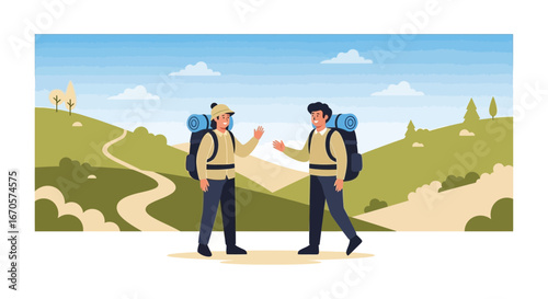 Two Friends Hiking In Nature Having Adventure Trekking Together Outdoors