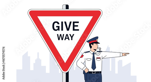 Traffic Officer Supervising Intersection with Yield Sign Enforcing Road Safety