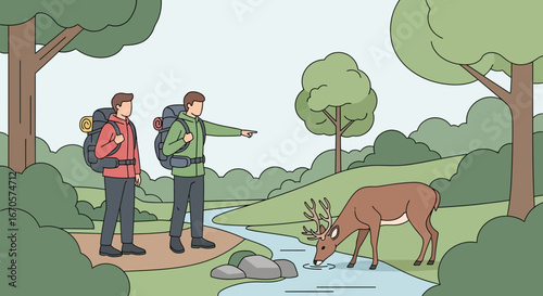 Two hikers observing a deer drinking water during a nature adventure in the forest