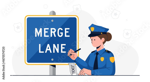 Traffic Policewoman Writes a Ticket Near the Merge Lane Road Sign