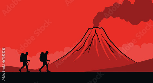 Two hikers trek across a volcanic landscape under a dramatic sky artwork
