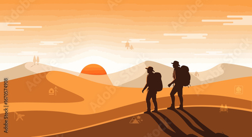 Two People Walking In Desert Landscape At Sunset With Backpacks Adventure Concept