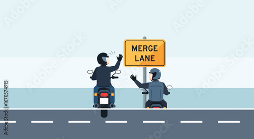 Two Motorcyclists Approaching A Merge Lane Sign Raising Their Hands Up