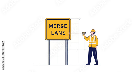 Traffic Worker Inspecting Merge Lane Road Sign For Proper Height With Tool