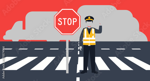 Traffic Warden Directing a Heavy Truck Stop near Pedestrian Crossing