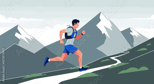 Trail Runner Ascending Mountain Landscape Fitness And Adventure Illustration