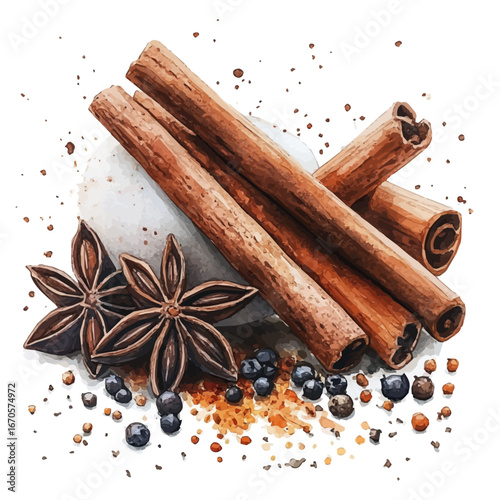 Cinnamon Sticks And Spices, watercolor clipart vector, isolated on a white background.