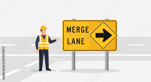 Traffic Worker Pointing Towards A Yellow Merge Lane Street Signage