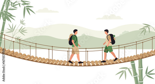 Two young men with backpacks crossing a wooden suspension bridge in a scenic landscape with bamboo trees and distant hills