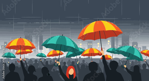 Umbrella Crowd Defying The Rain Showers In The Cityscape Cartoonish Style