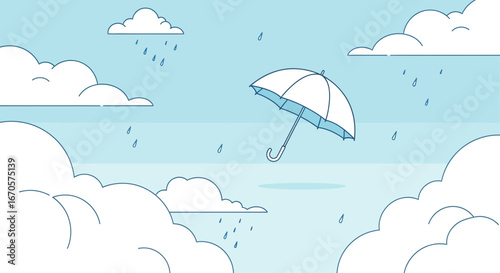Umbrella Floating Among Fluffy Clouds In A Light Blue Rainy Sky Graphic