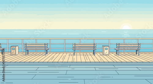 Tranquil Beach Boardwalk Scene Featuring Benches And Distant Sun On The Horizon