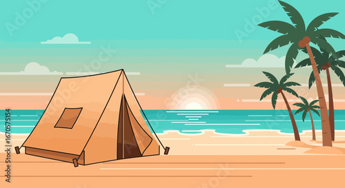 Tranquil Beach Getaway Camping Under Tropical Palms With Colorful Sunset