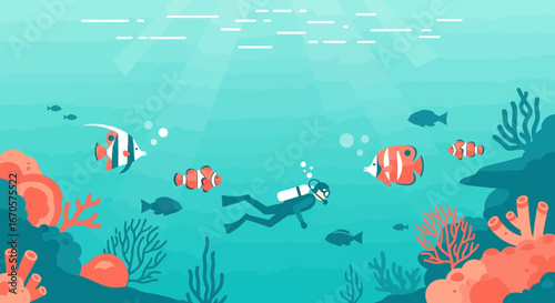 Underwater Adventure With A Scuba Diver Surrounded By Marine Life