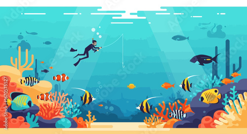 Underwater Angler Diver With Colorful Fish And Vibrant Coral Reef Scene