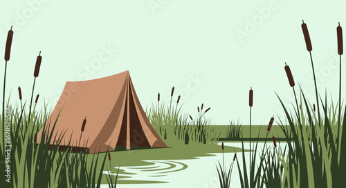 Tranquil Camping Beside The Lake With Lush Reed And Bulrush Surroundings