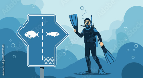 Underwater Crossing Awareness Scuba Diver Near the Fish Crossing Sign
