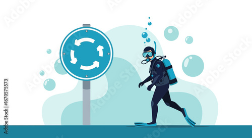 Underwater Current Dive Visualizing Diver Near Oceanic Roundabout Sign Concept