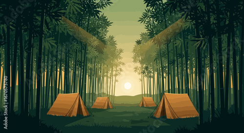 Tranquil Camping Scene in Bamboo Forest at Sunset with Tents
