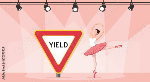 Unexpected Juxtaposition Ballerina Dance Next Yield Sign Under Stage Lights
