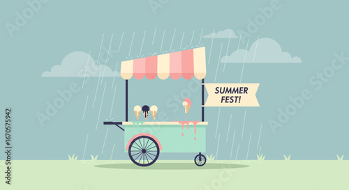 Unexpected Rain On Summer Fest Spoiling the Ice Cream With Vector Illustration